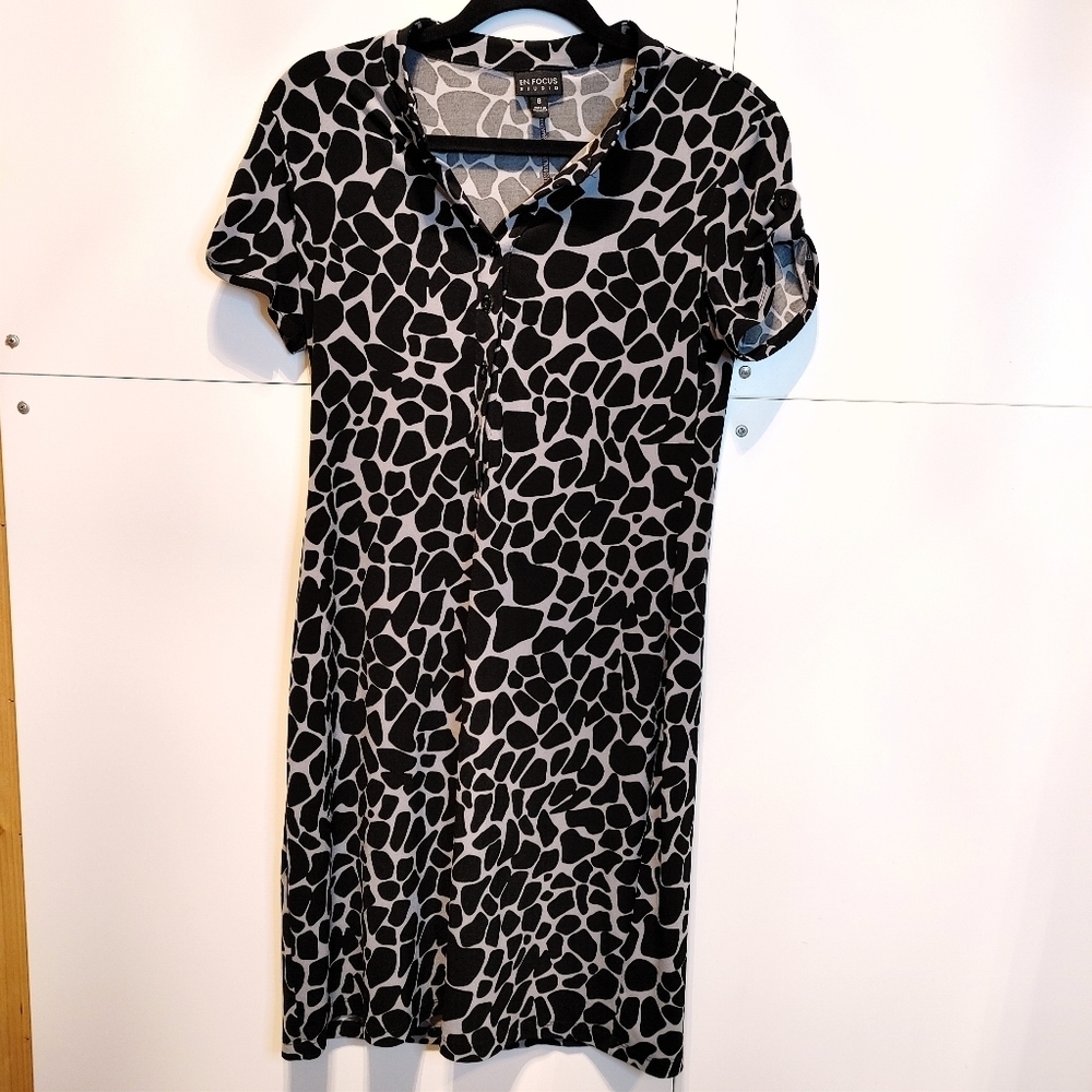 Enfocus Studio Animal Print Dress Size 8 Black Gray Button Front Casual Work - Picture 2 of 9